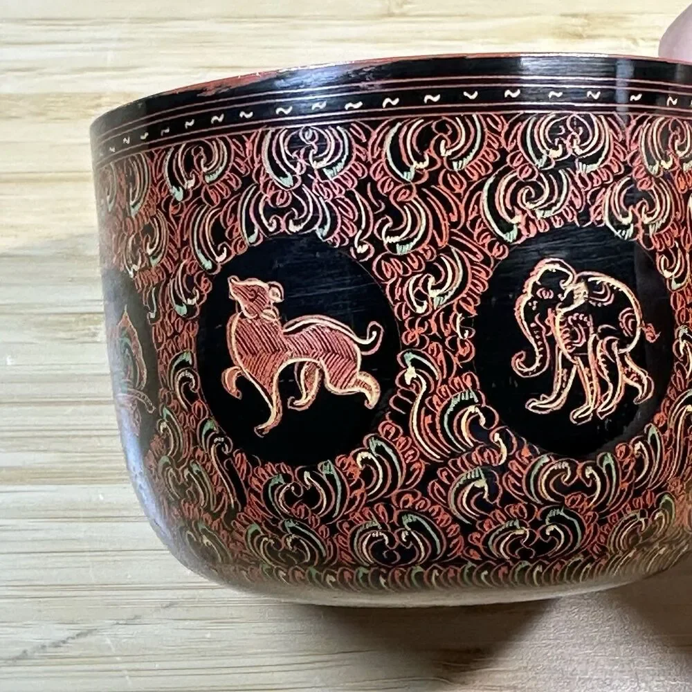 Vintage Burmese Lacquerware Bowls Cups 3- Pieces Burma Horsehair Bamboo Handmade